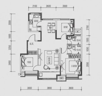 3室2厅1厨2卫105平-105㎡