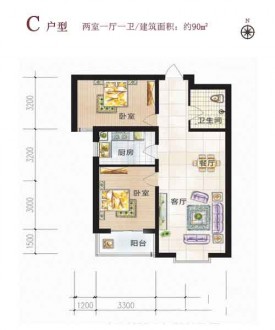 2室1厅1厨1卫90平-90㎡